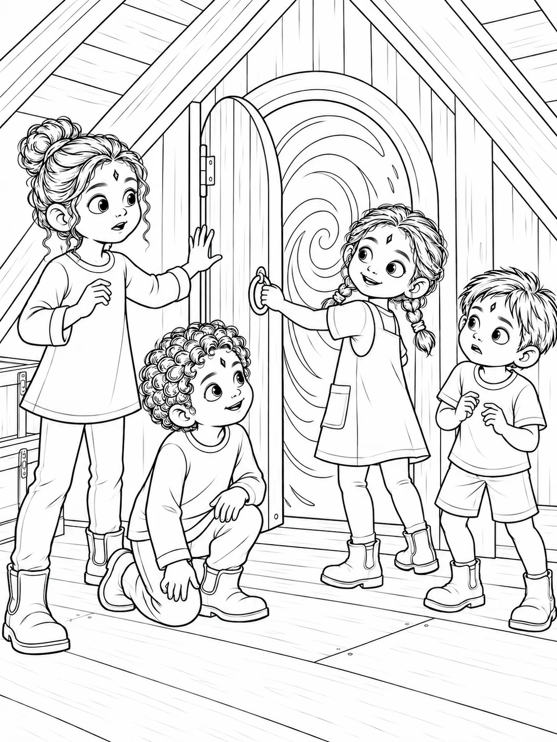 Colouring illustration of the siblings discovering the small attic door.